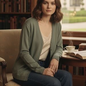 Essentials by Carolyn Taylor New Dusty Olive Sweater Cardigan L